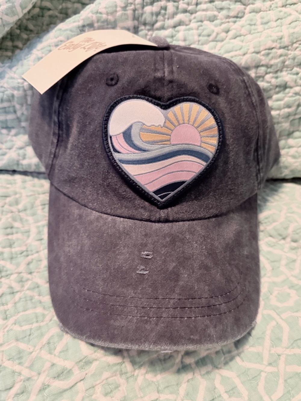 NWT Washed Black Baseball Cap with Heart SuNSet Wave Patch